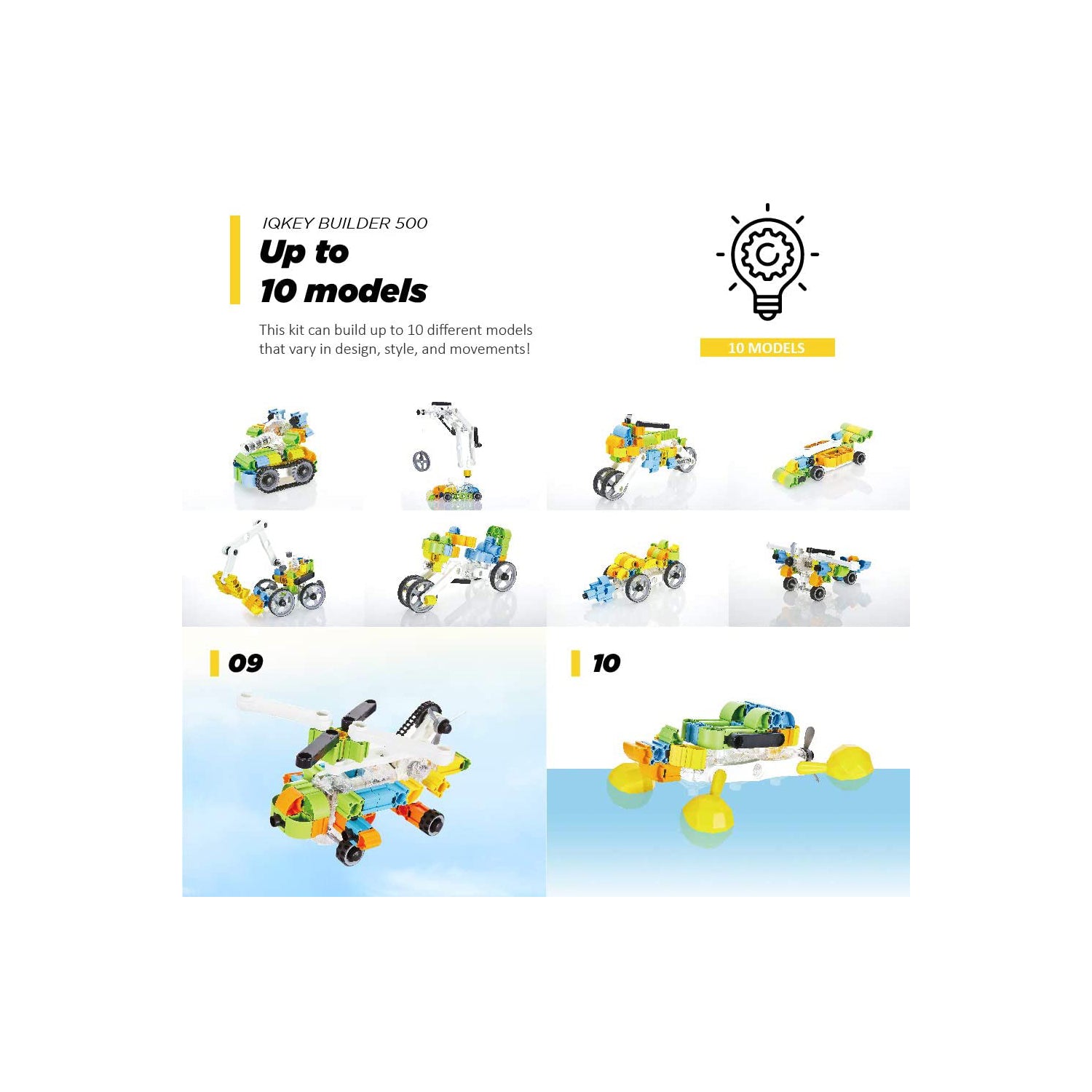 IQ-KEY Builder 500 – STEM Educational Assembly Toy Kits, Creative Electronics and Mechatronics Builder Set for Kids [10 Models]